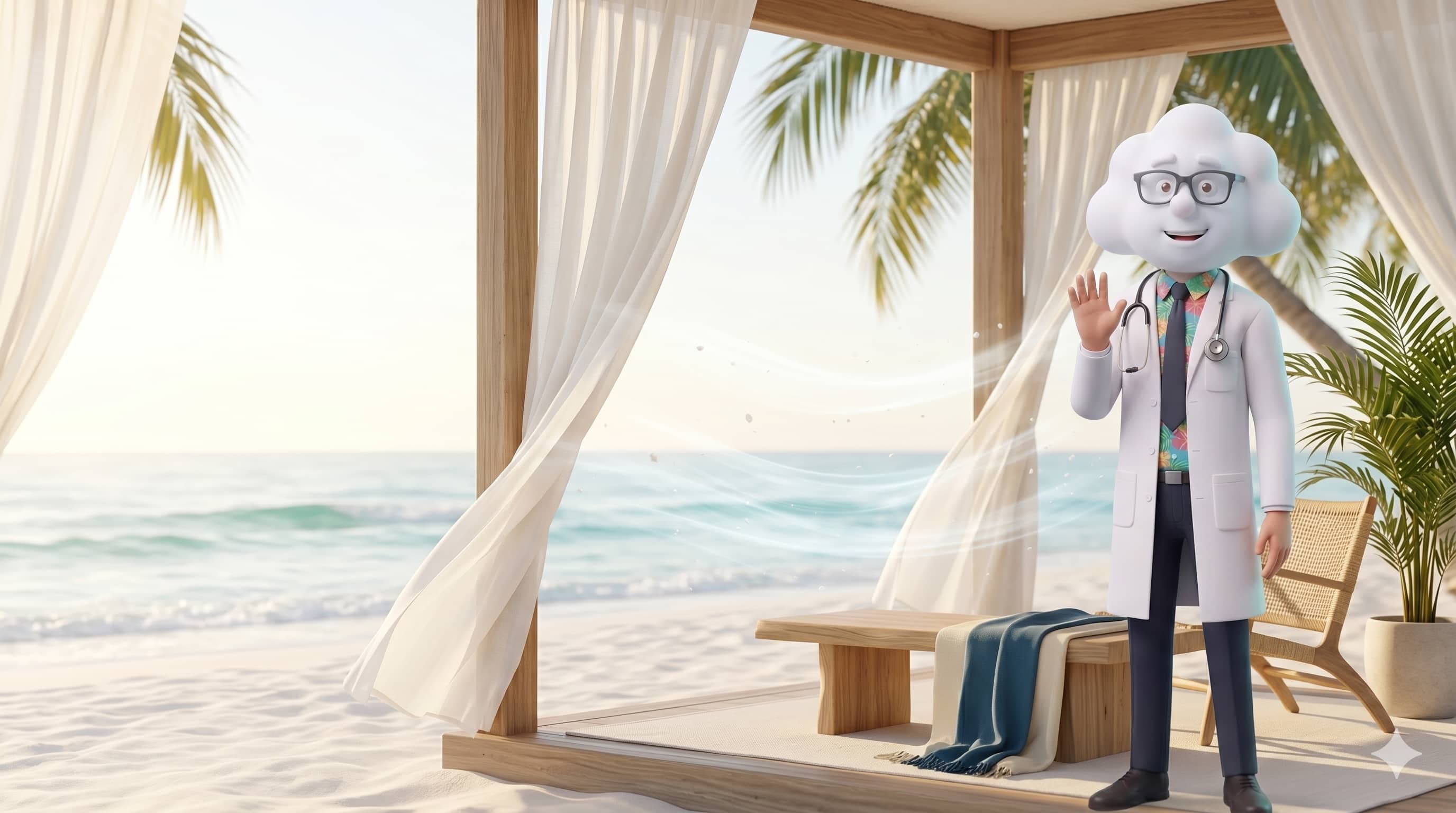 Doctor Merv waving from a sunny beachside cabana with white curtains and the ocean behind